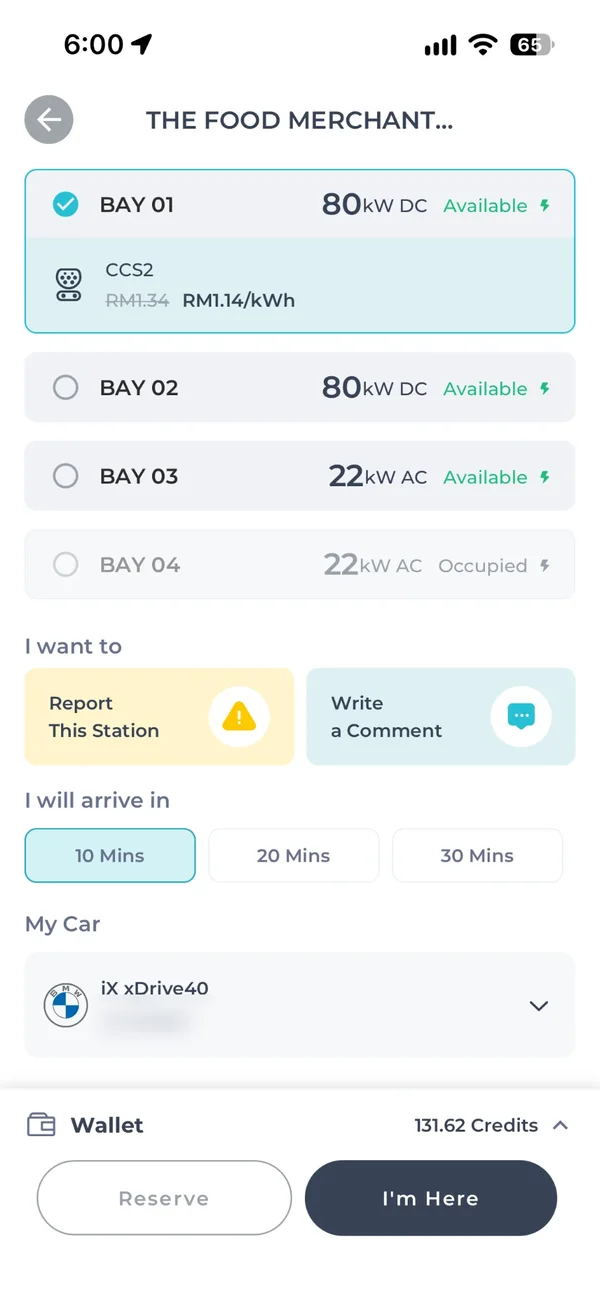 ChargeSini app bay picker showing 80 kW DC and 22 kW AC bays, rate per kWh and arrival time options