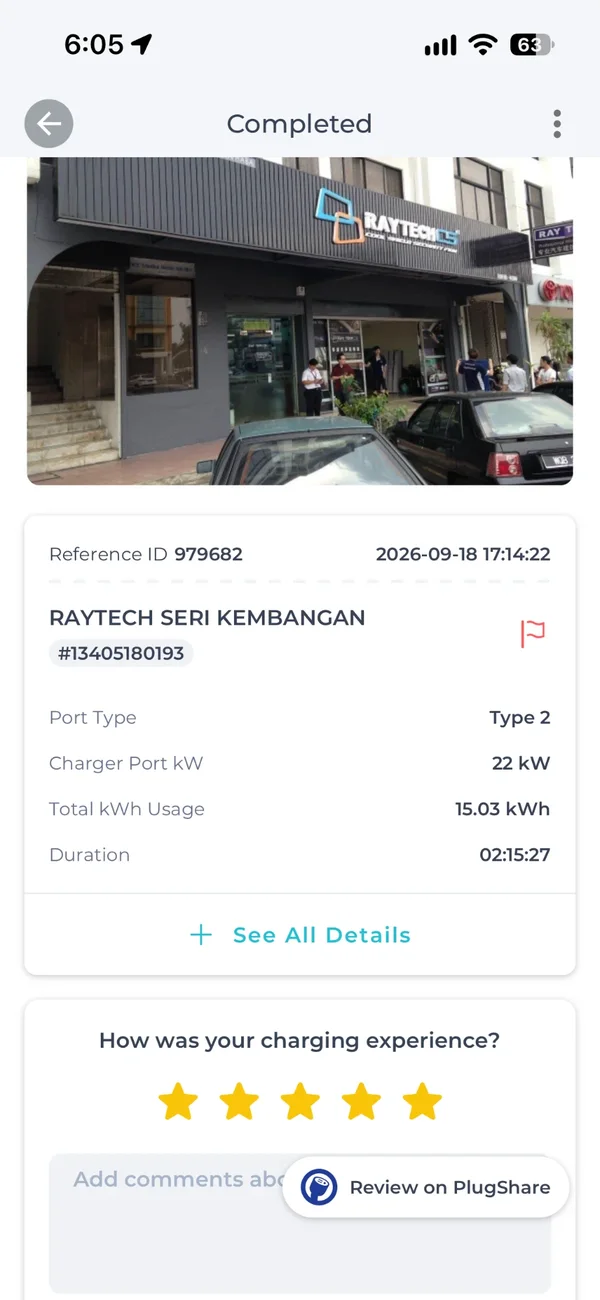 ChargeSini app completed session summary with connector type, charger power, kWh used and duration